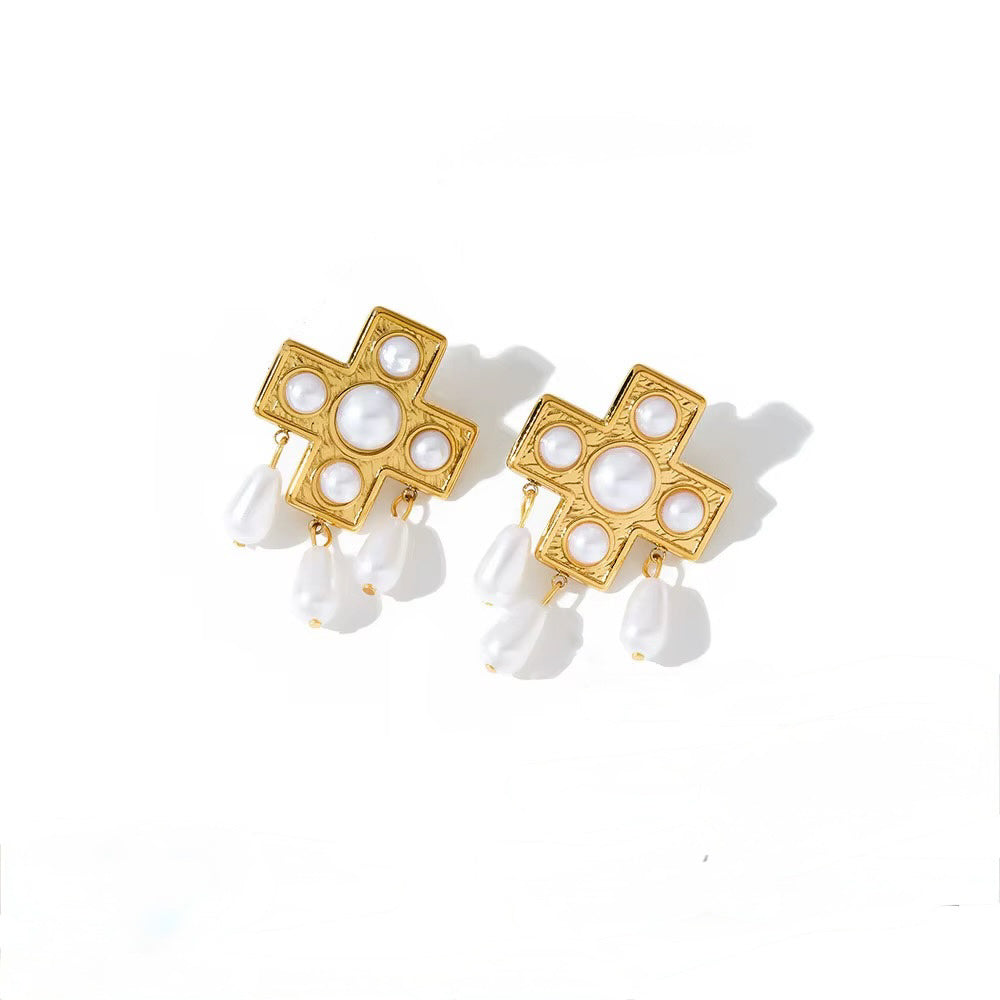 Pearl Cross Drop Earrings