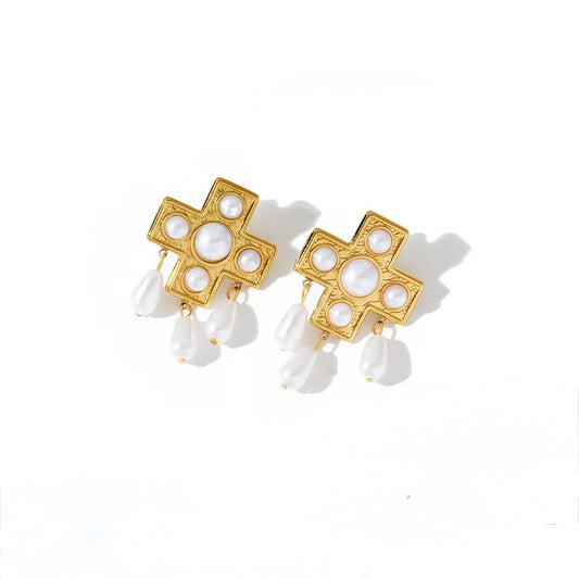 Pearl Cross Drop Earrings