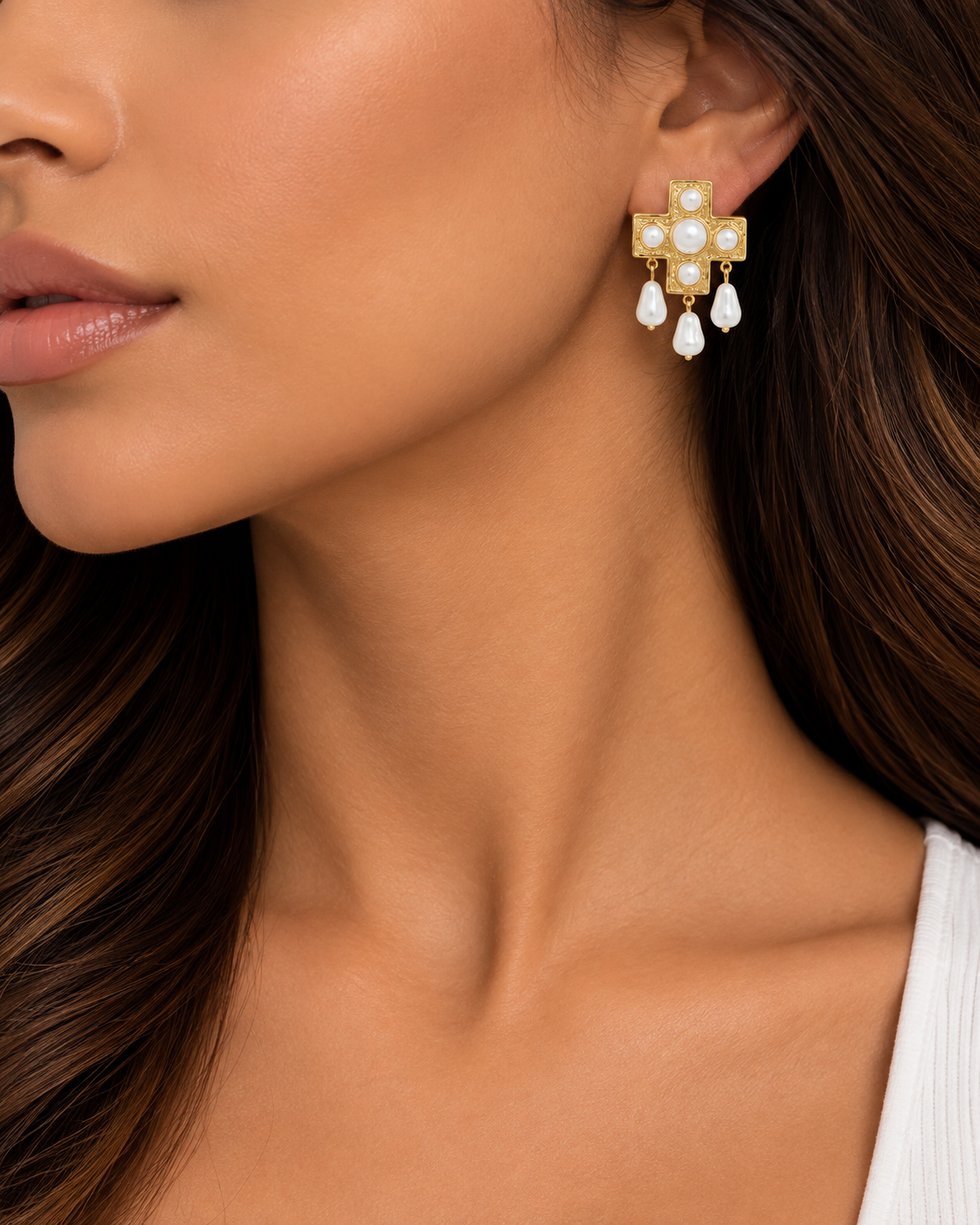 Pearl Cross Drop Earrings